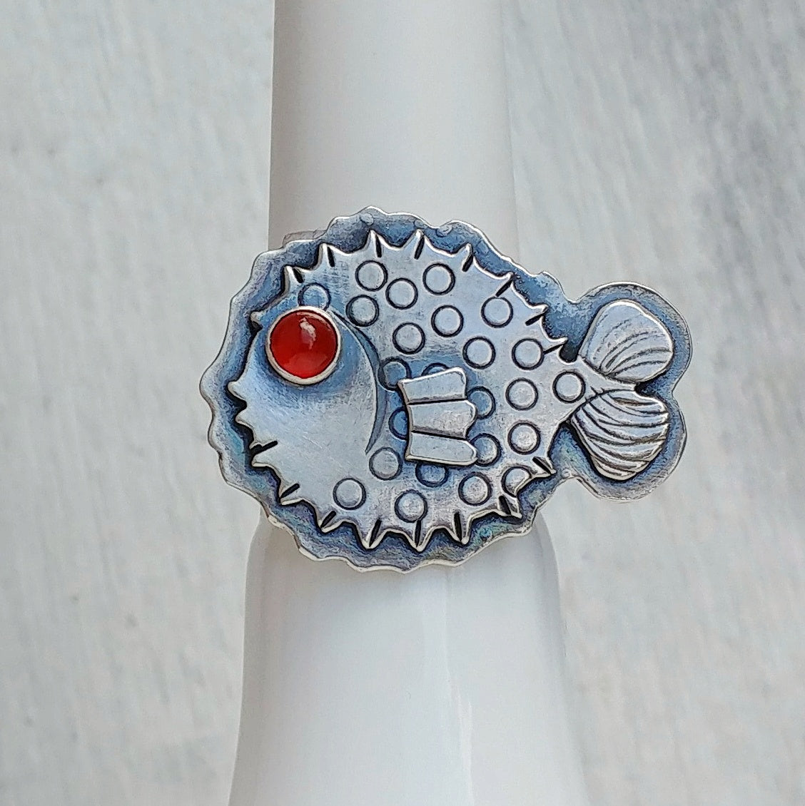 Puffer fish ring with carnelian eye