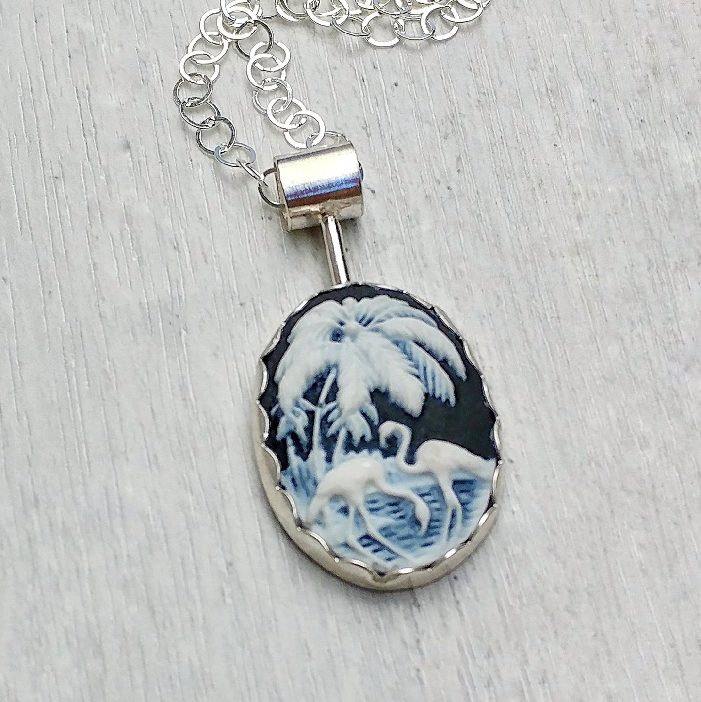 Black and white resin flamingo cameo necklace