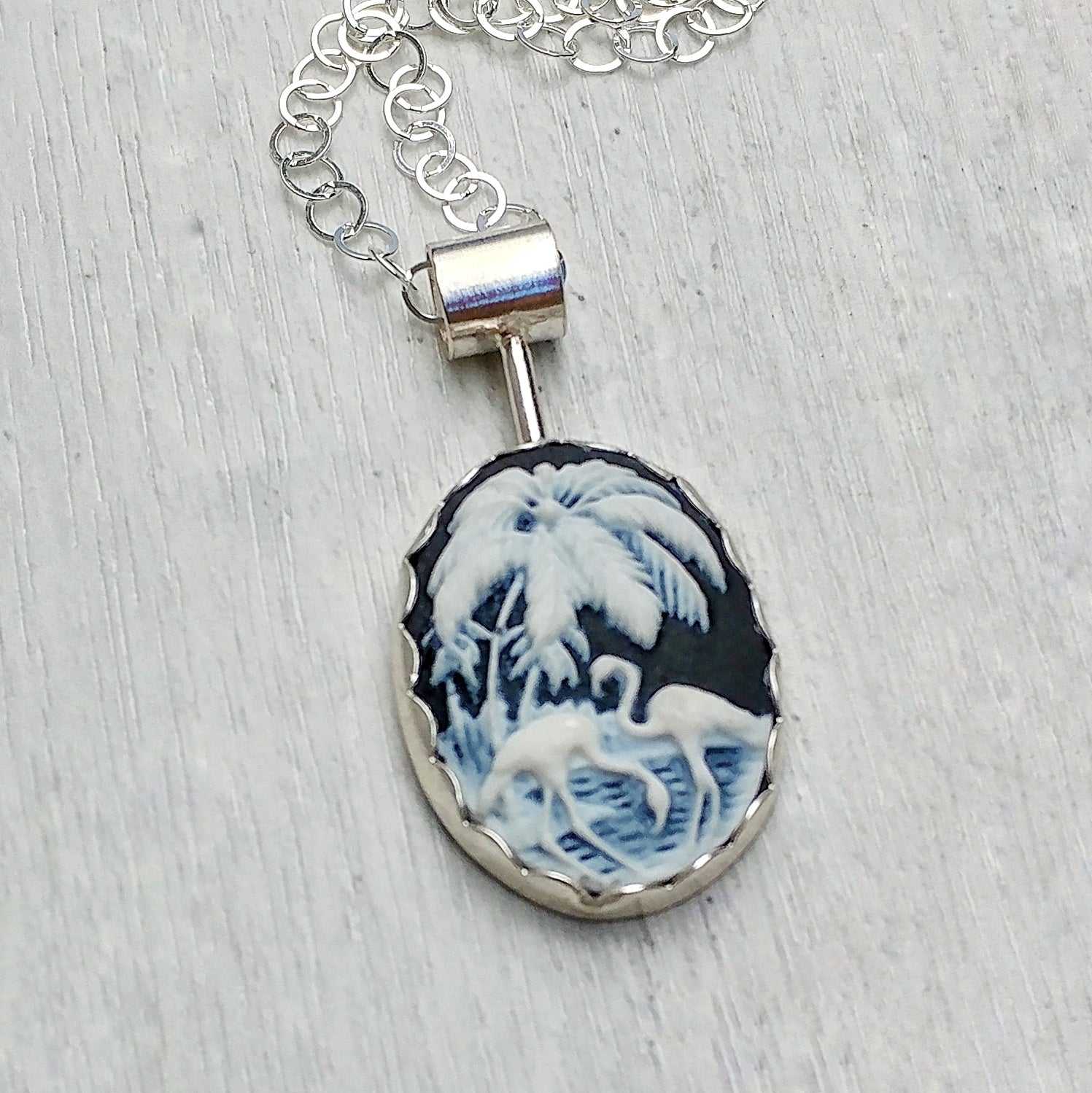 Black and white resin flamingo cameo necklace