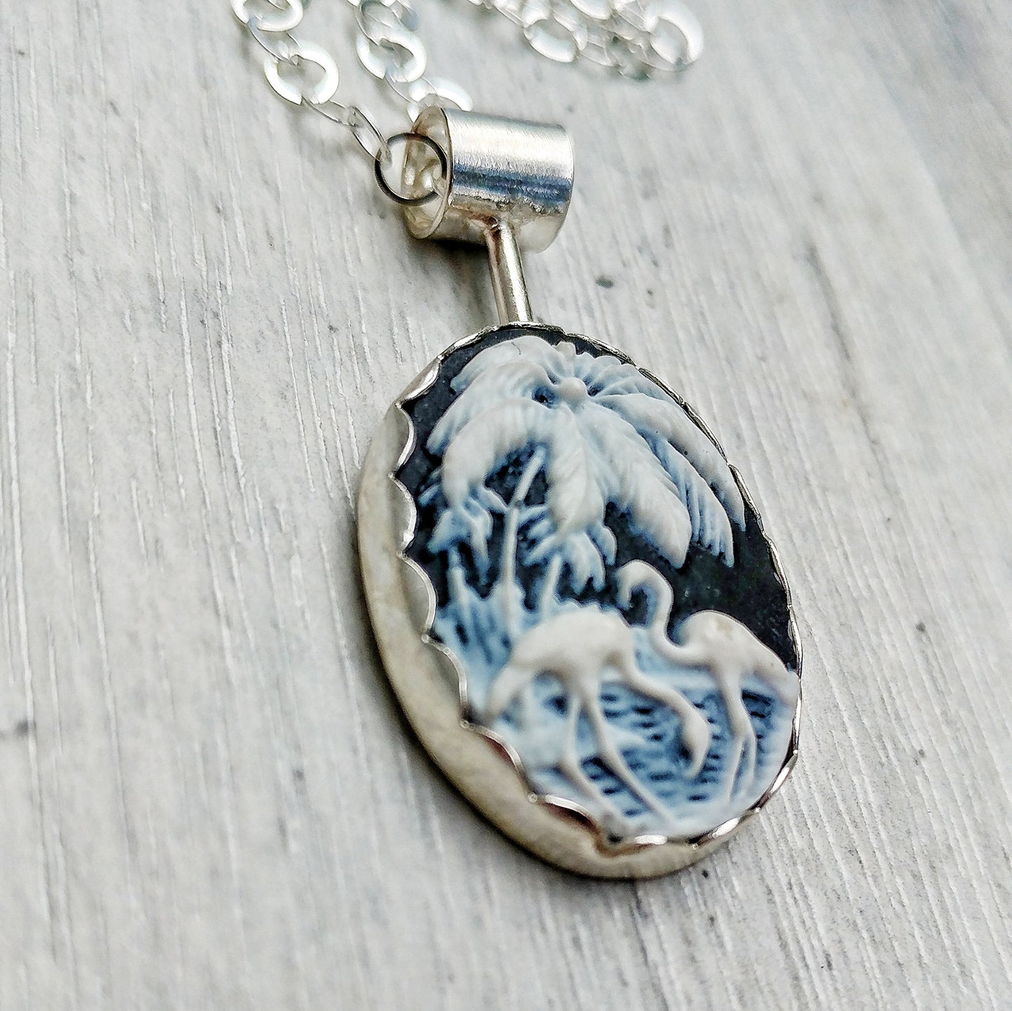 Flamingo cameo necklace set in sterling silver