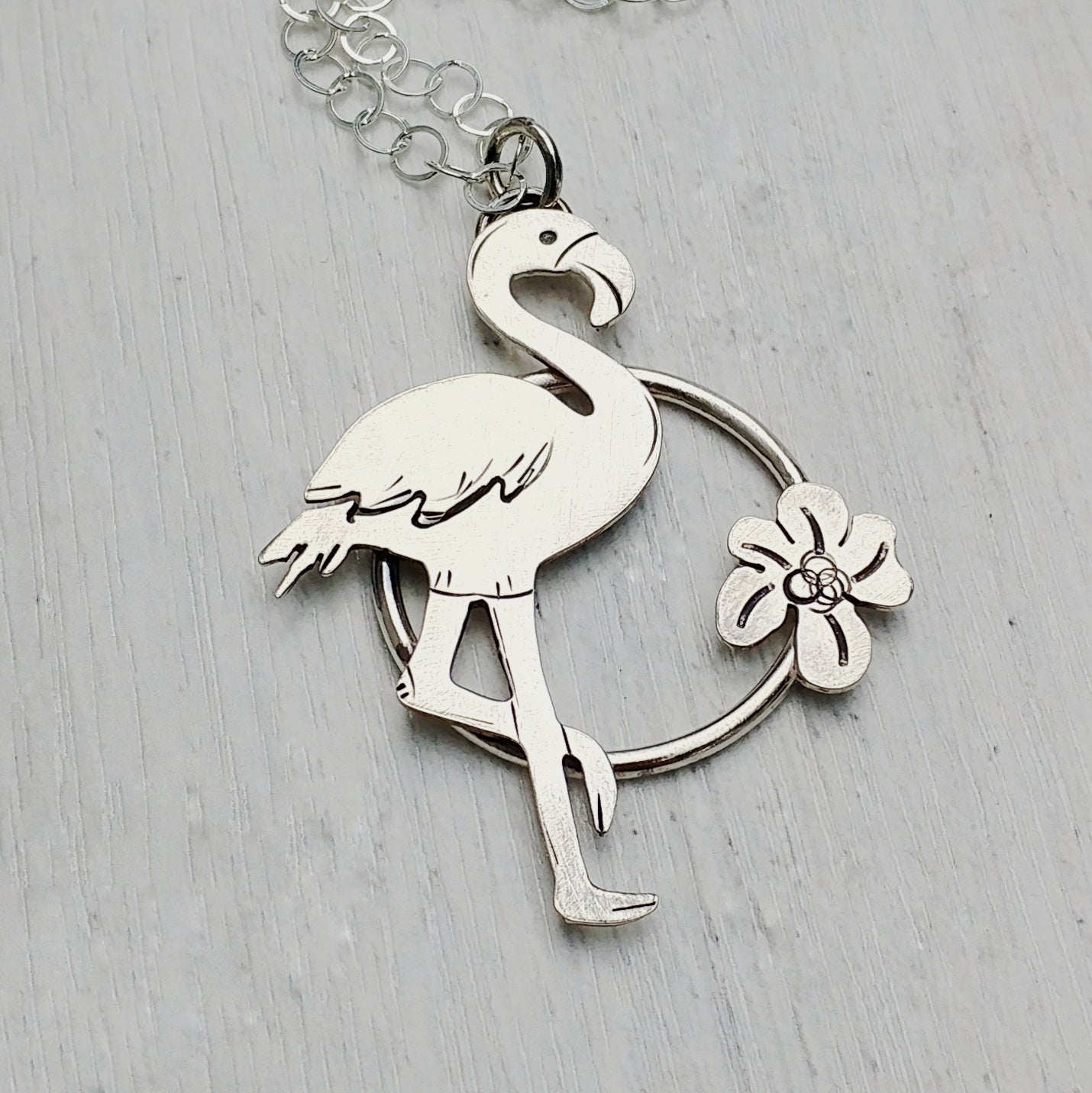Flamingo necklace with flower made of sterling silver