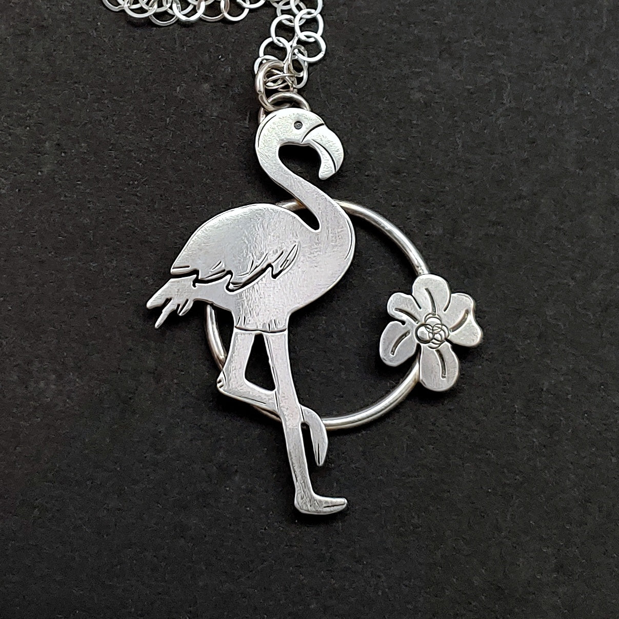 Flamingo Necklace in Circle with Flower