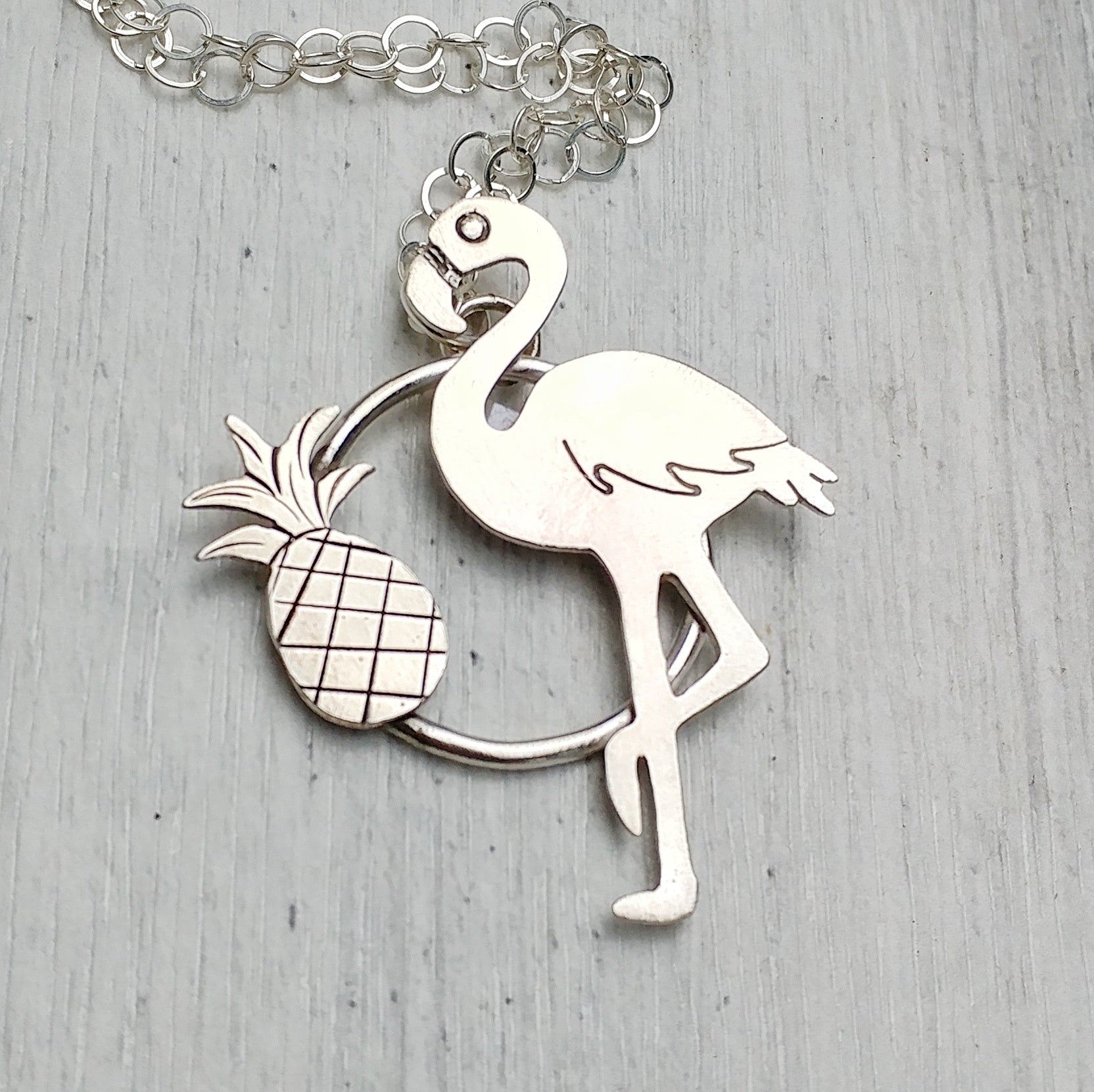 Flamingo necklace with pineapple in sterling silver