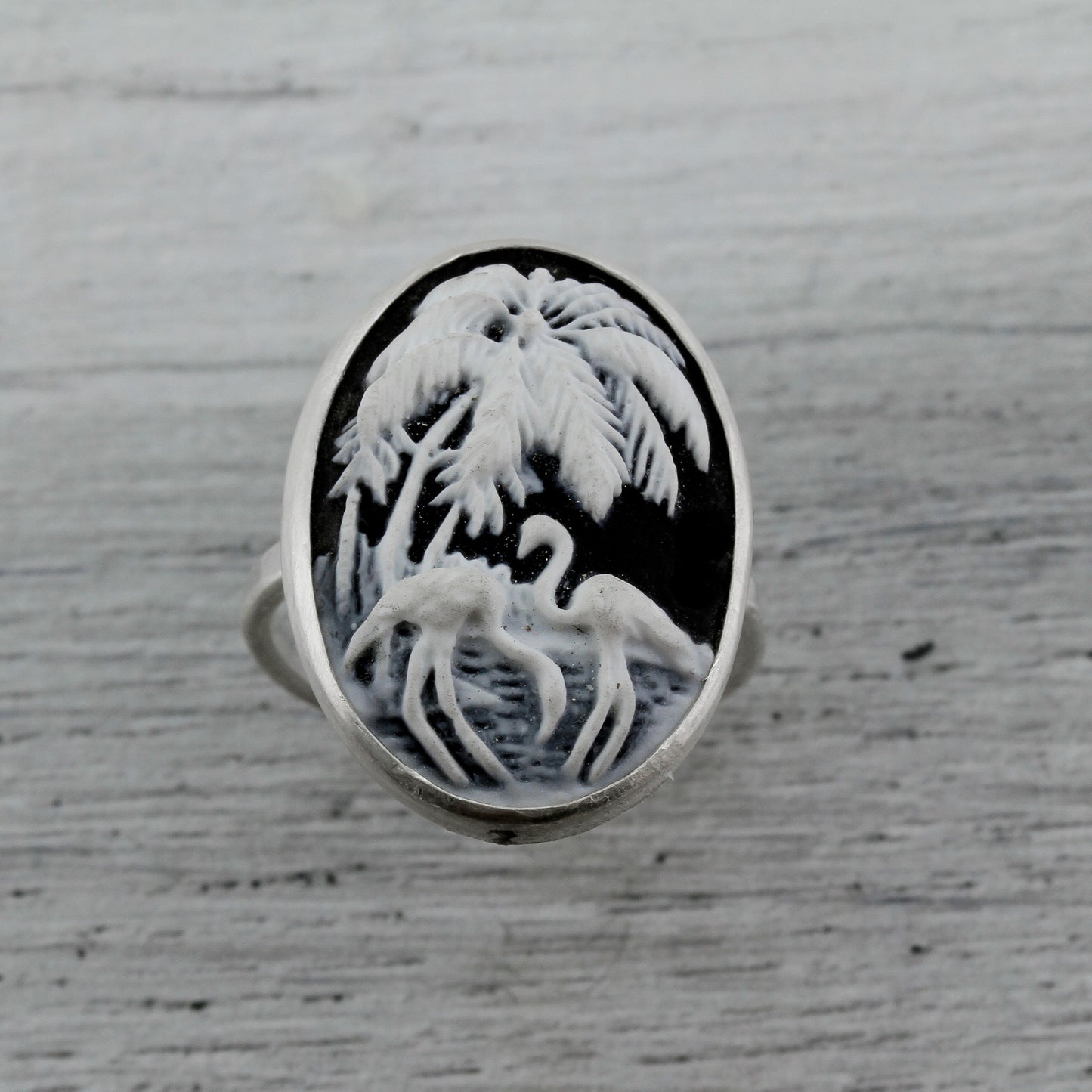 Black and white flamingo resin cameo sterling silver ring