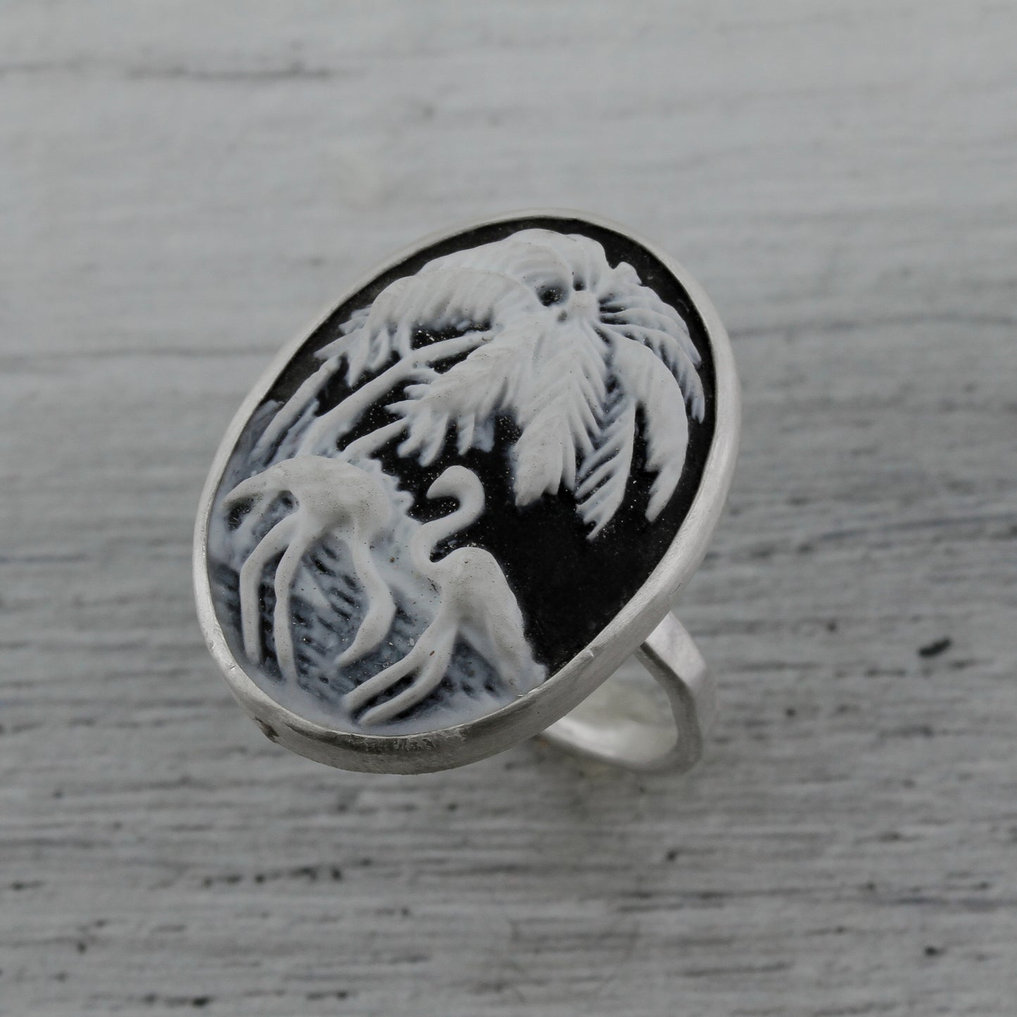 Tropical flamingo and palm trees resin sterling silver ring