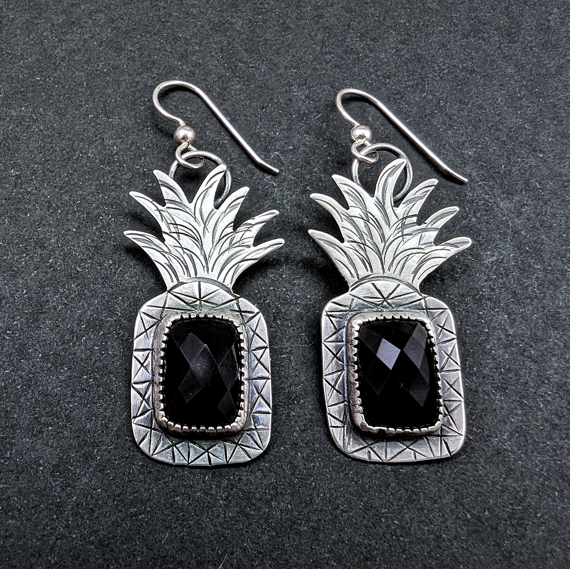 Sterling silver pineapple earrings with rectangular rosecut black onyx