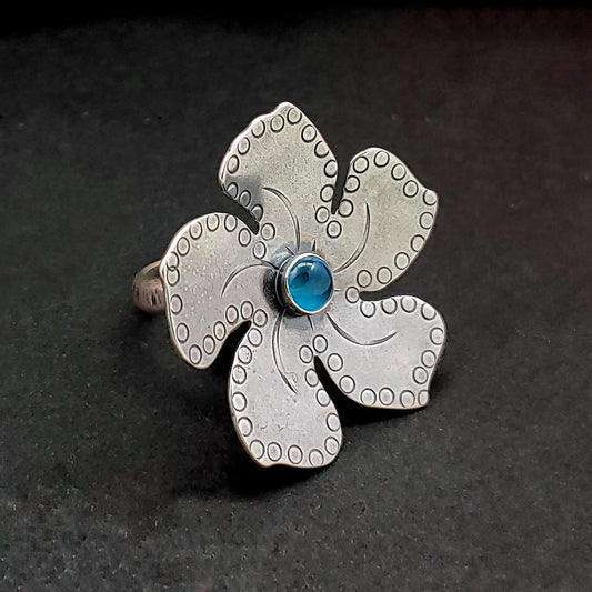 Large Handstamped Flower Ring with Gemstone