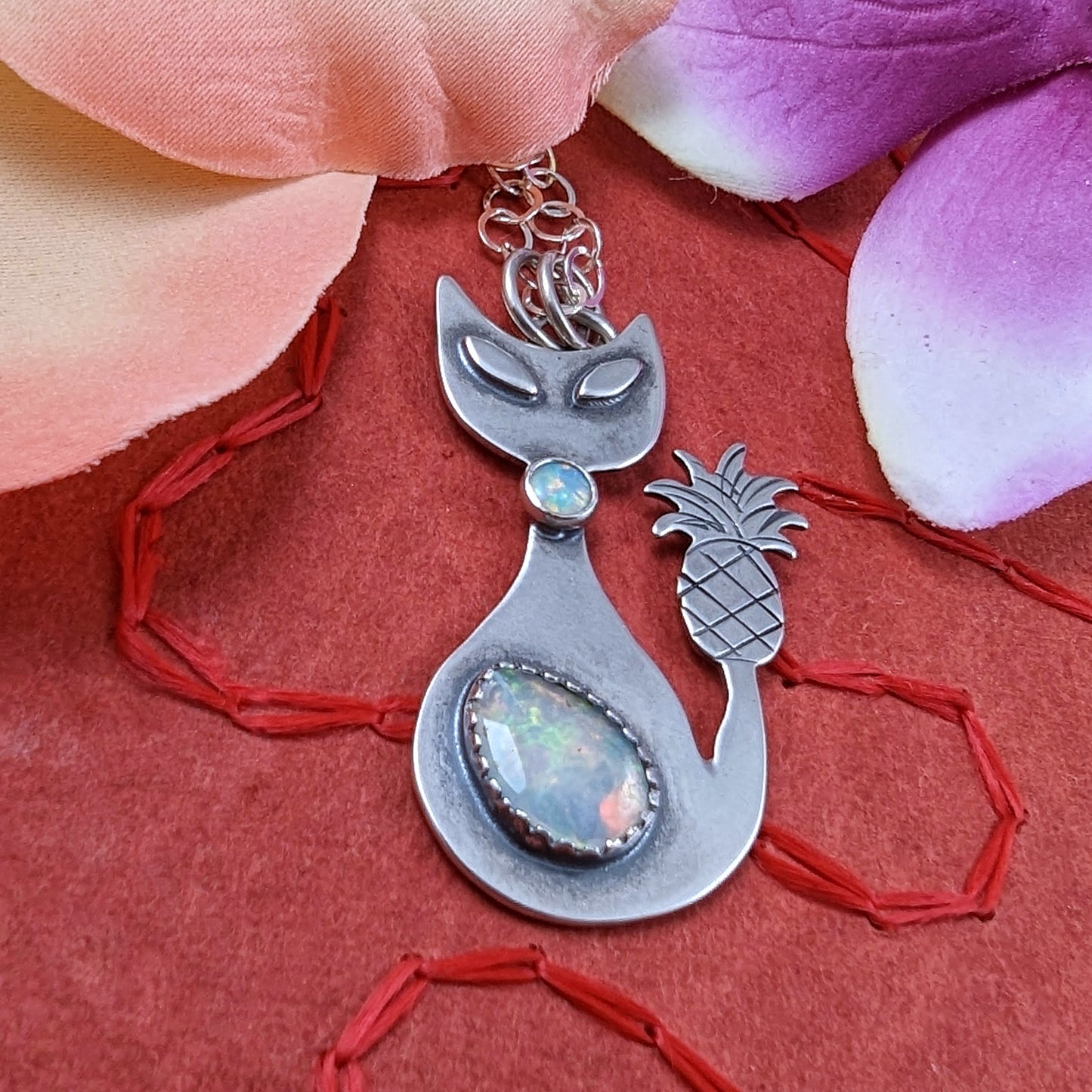 Sterling silver handmade cat with pineapple tail and Ethiopian opal