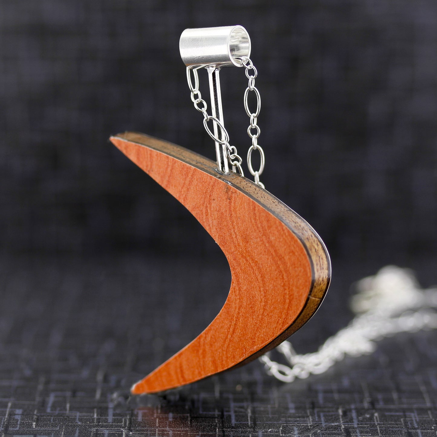 Boomerang Shaped Reversible Laminate Necklace - Orange/Yellow/Brown