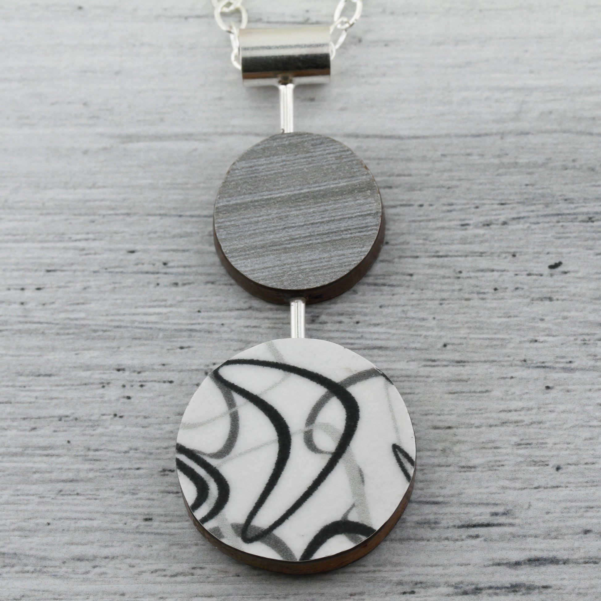 Laminate on wood necklace contemporary modern jewelry.