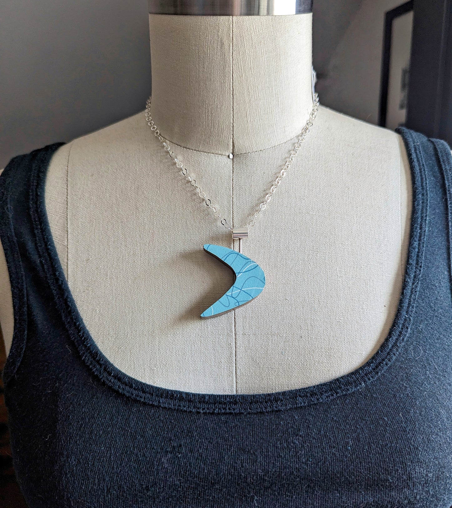 Boomerang Shaped Reversible Laminate Necklace - Light Teal