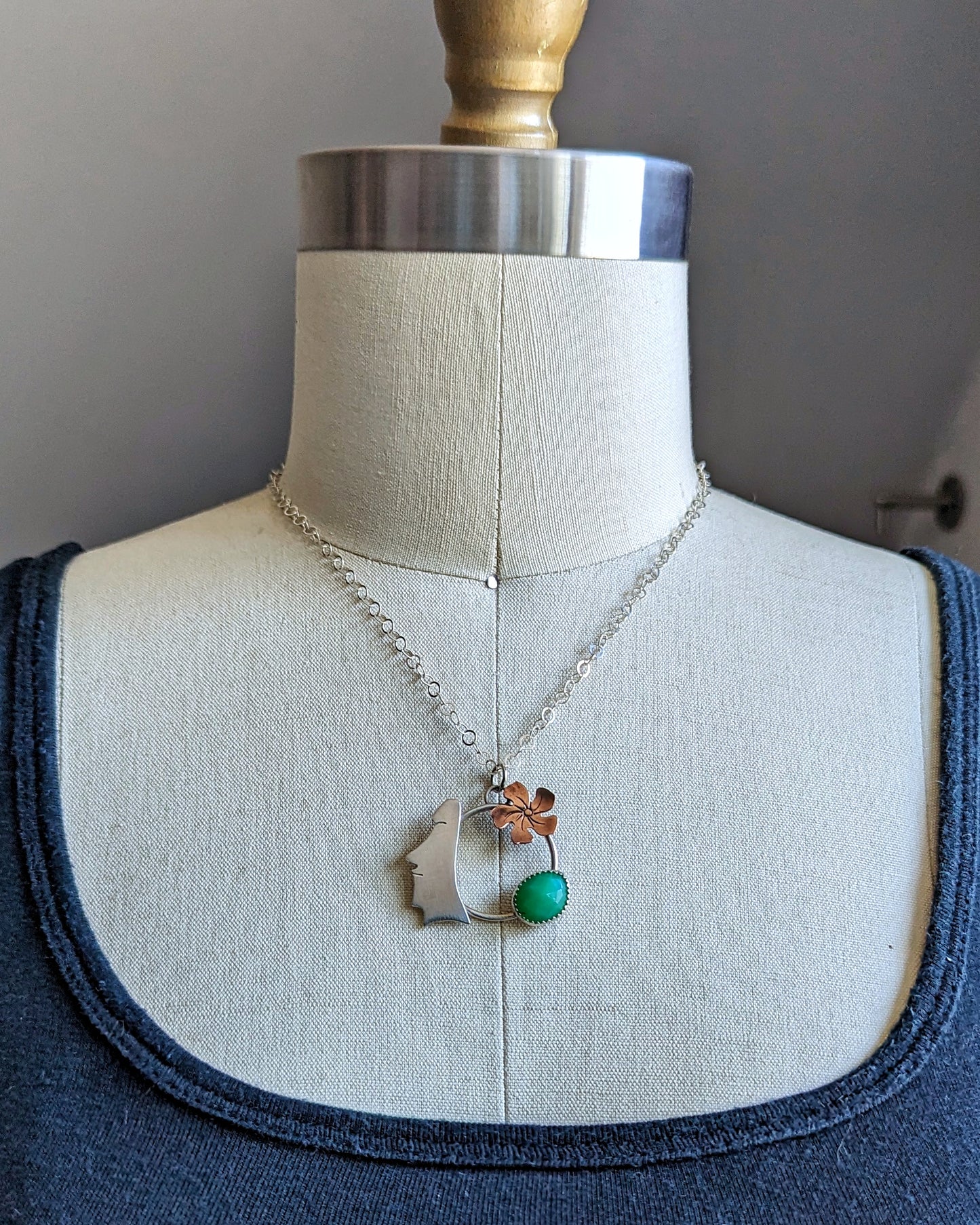 Moai Head with Flowers and Chrysoprase Necklace