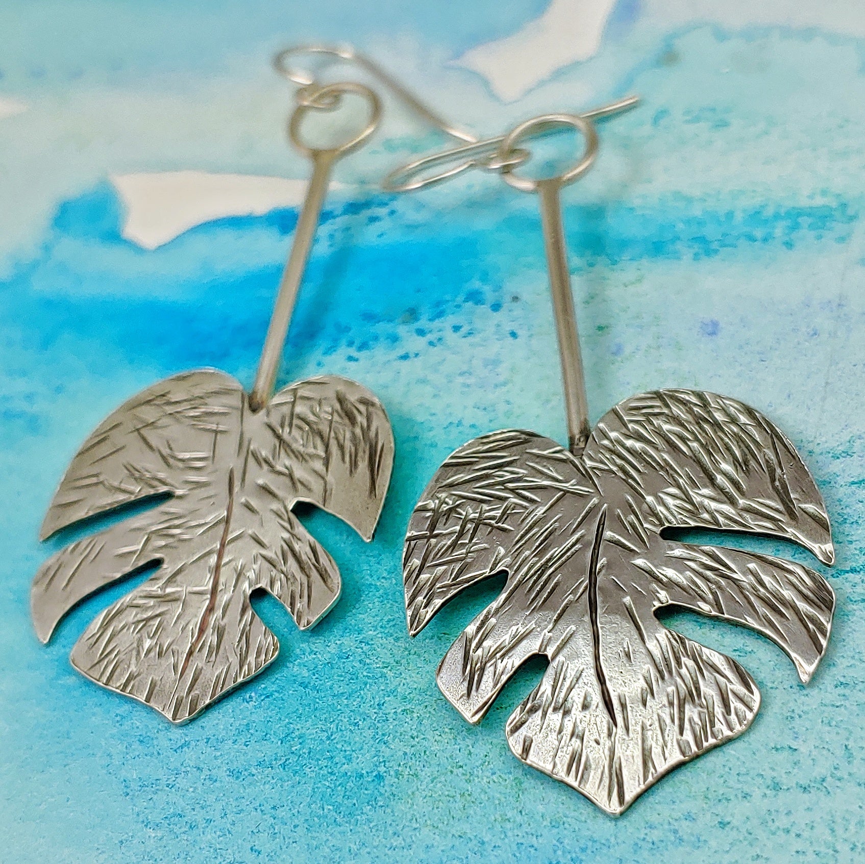 monstera leaf earrings sterling silver large dangles