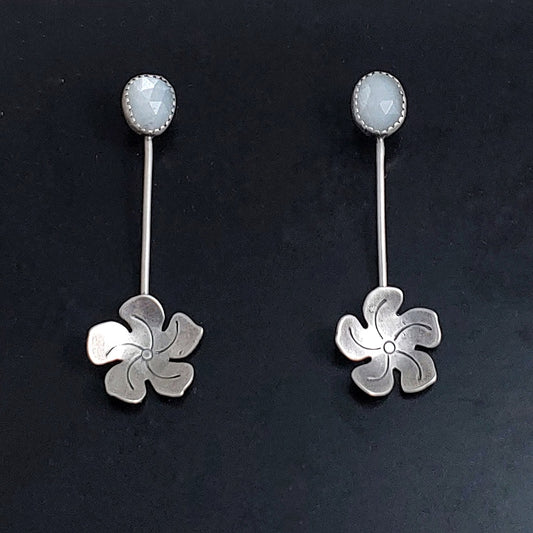 Sterling Silver Flower Dangle Earrings with White Moonstone