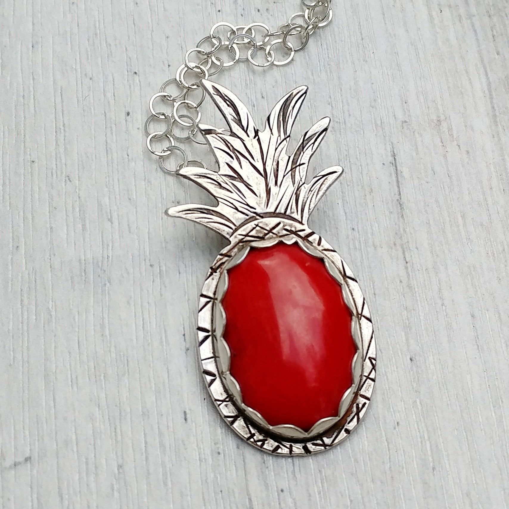 Red coral pineapple handmade from sterling silver