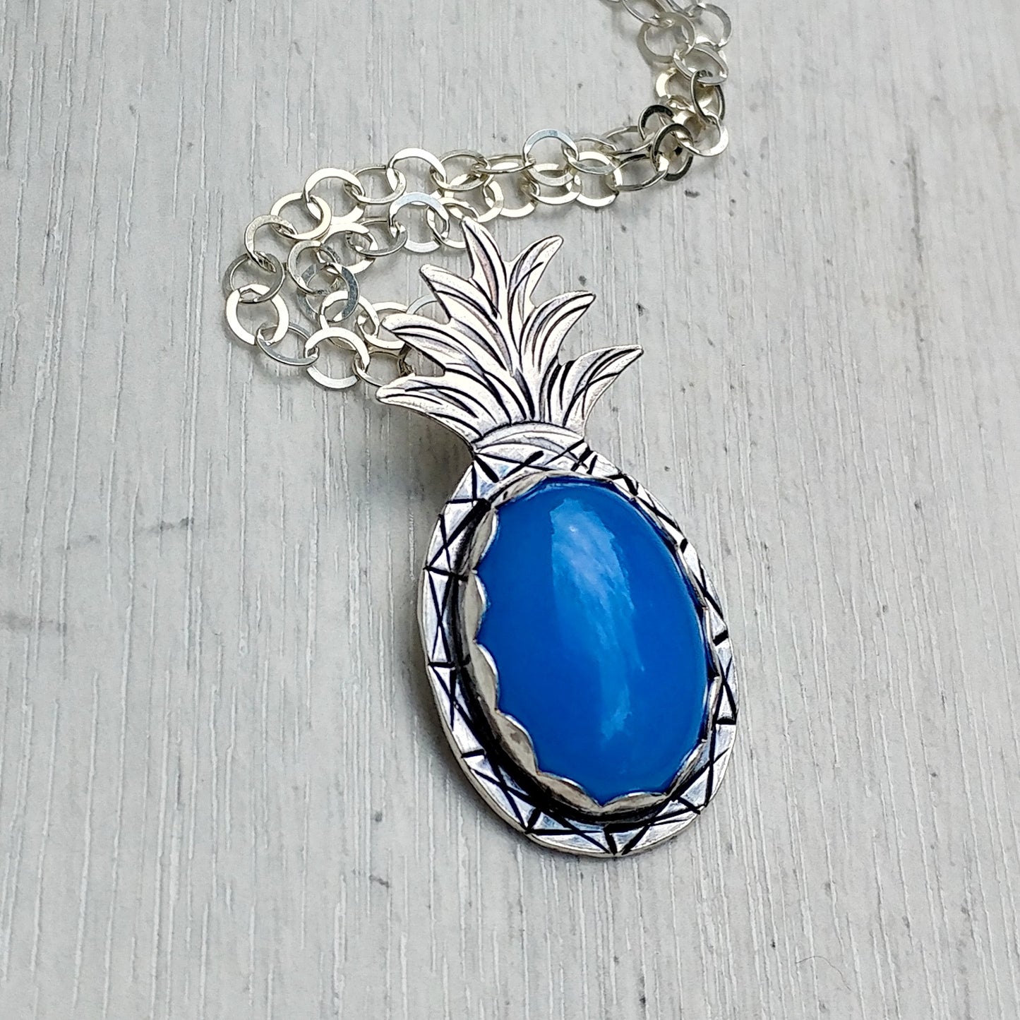Blue agate sterling silver pineapple necklace