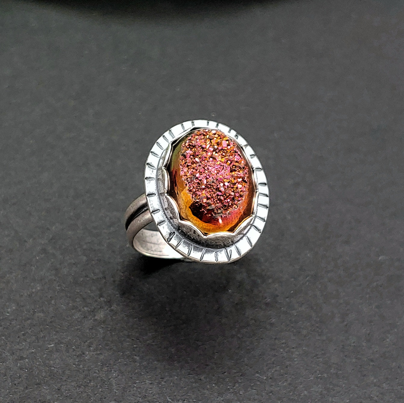 Orange and Pink Druzy Sterling Silver Ring