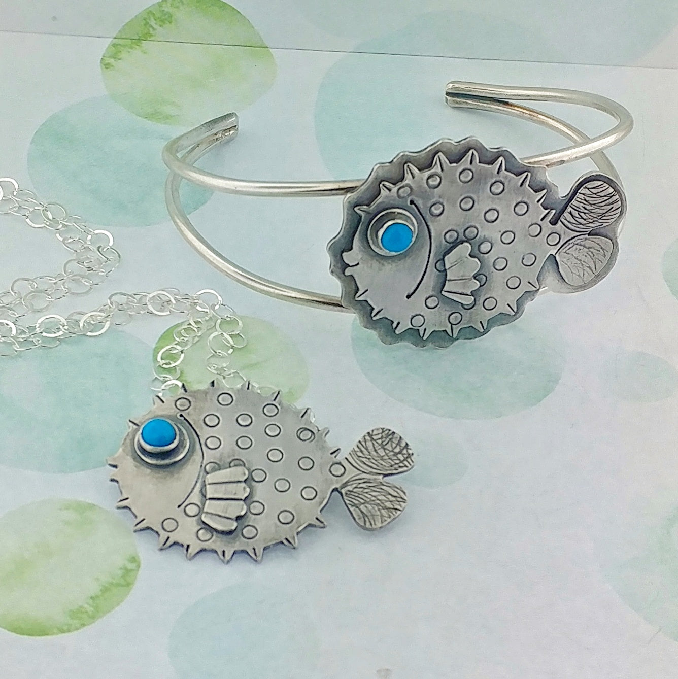 Puffer fish bracelet and necklace as options