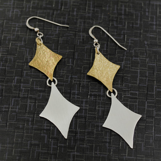 Retro diamond earrings in sterling silver and brass modernist style