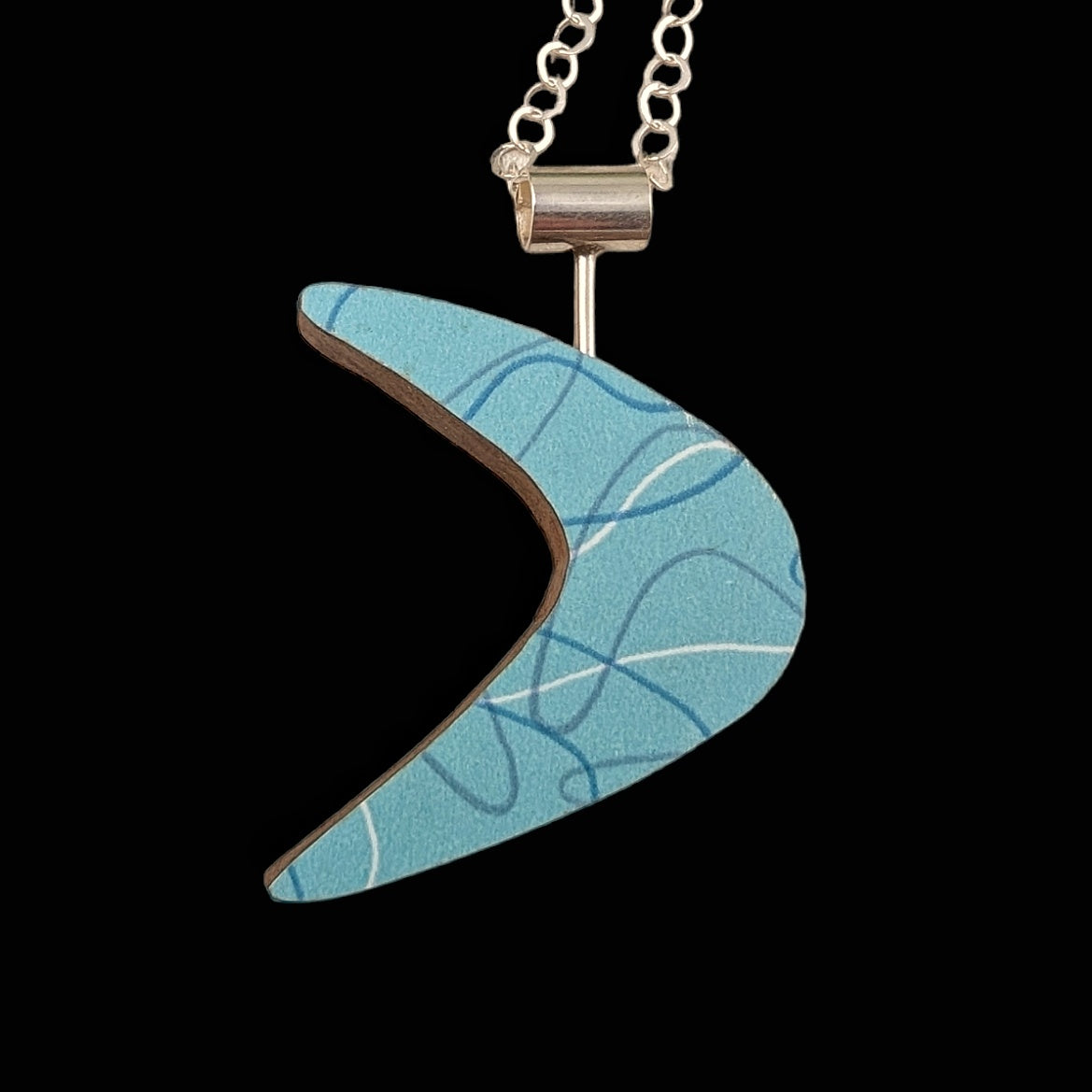 Boomerang Shaped Reversible Laminate Necklace - Light Teal